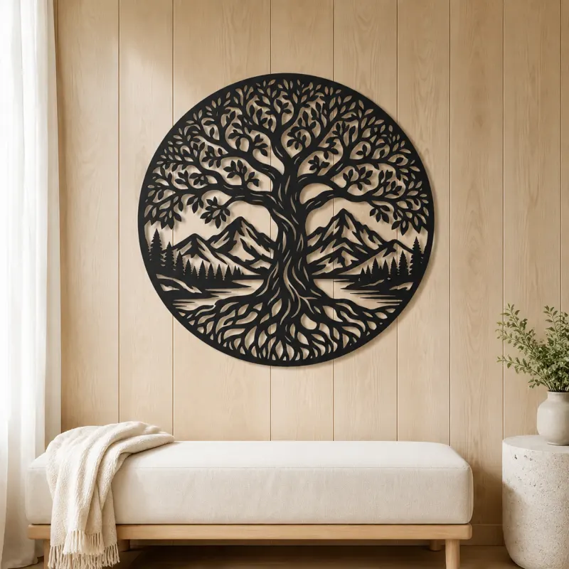 Tree and Mountain Circle Metal Wall Art | Botanical Metal Wall Decor - lifestyle view 5