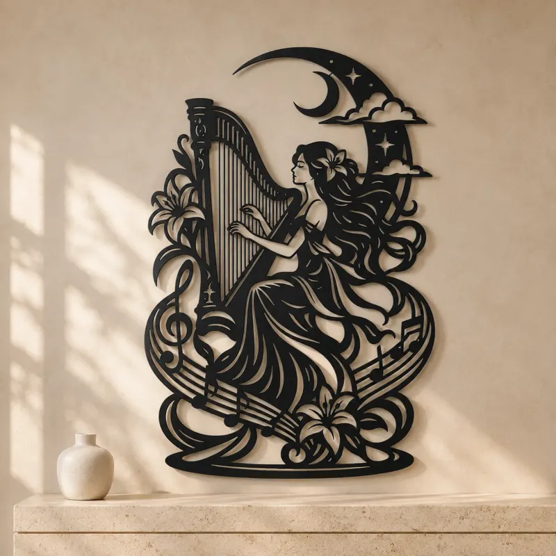 Harp Moon Curve Metal Wall Art | Music Room Wall Decor - lifestyle view 3