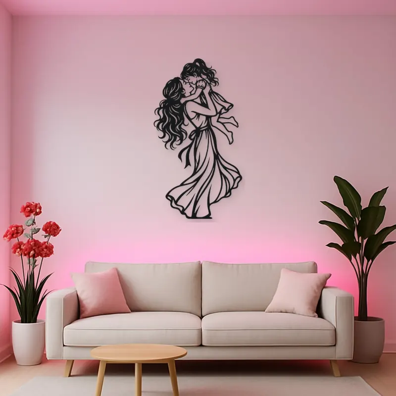 Single Mother Child Metal Wall Art | Family Silhouette Decor