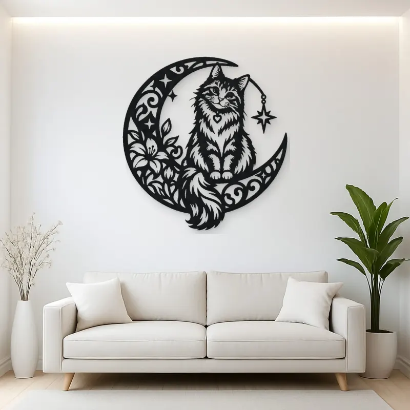 Cat on Moon Arc Metal Wall Art | Pet Lover Silhouette Decor