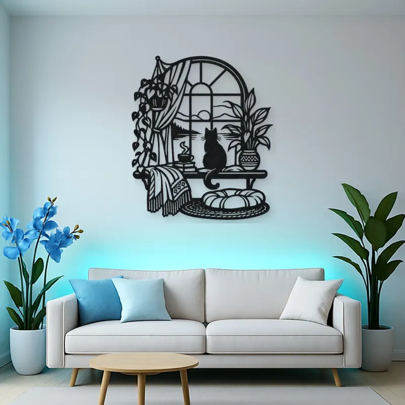 Cat on Windowsill Metal Wall Art | Pet Lover Silhouette Decor