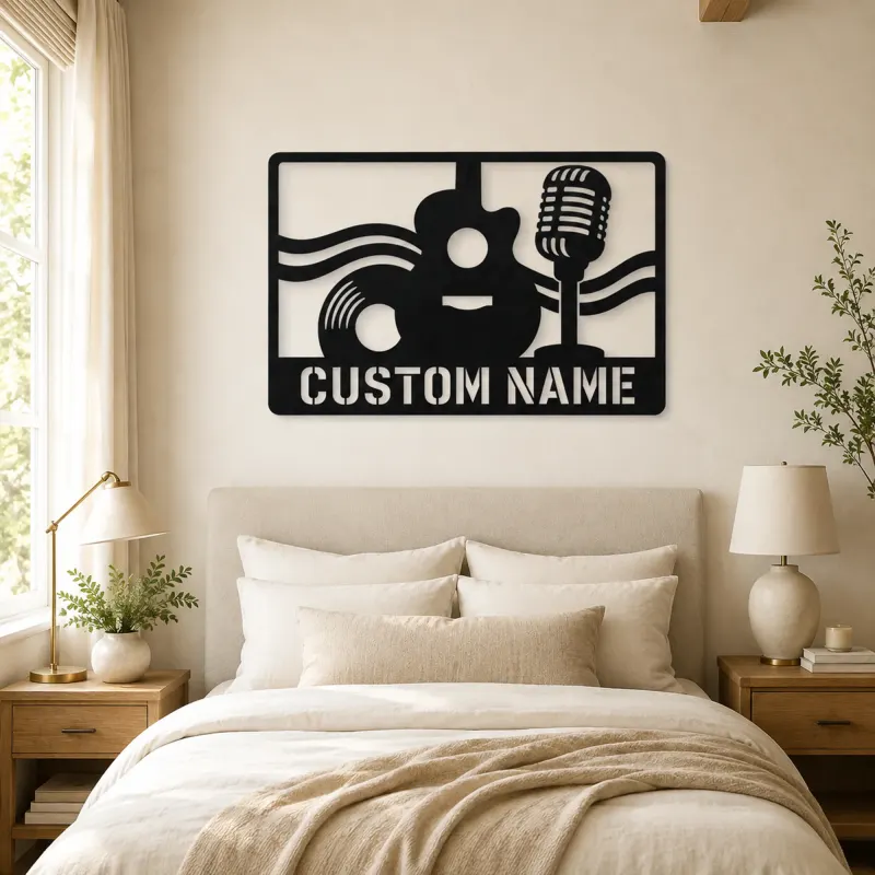 Personalized Vinyl Record Metal Wall Art with Vintage Microphone - lifestyle view 2