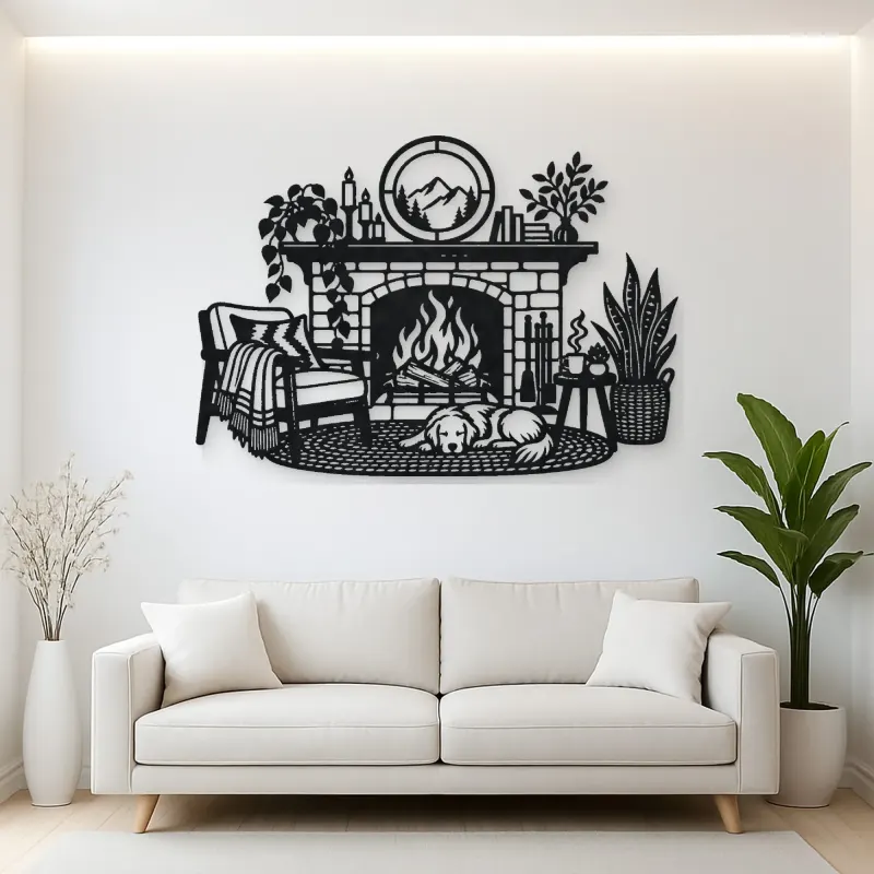 Modern Fireplace Scene Metal Wall Art | Cozy Home Metal Decor