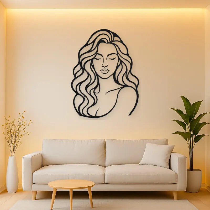 Wavy Hair Beauty Metal Wall Art | Minimalist Woman Line Art
