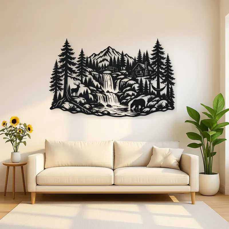 Forest Waterfall Metal Wall Art | Nature Silhouette Decor