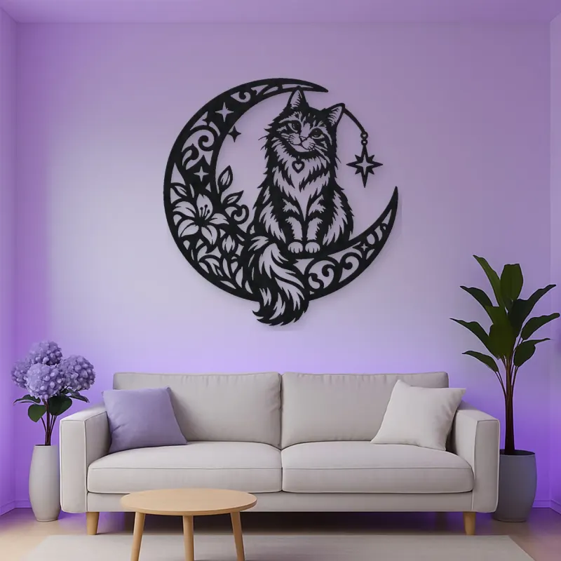 Cat on Moon Arc Metal Wall Art | Pet Lover Silhouette Decor