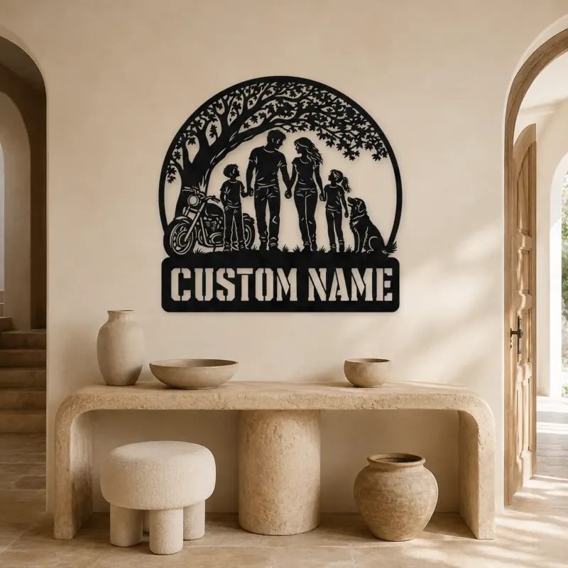 Personalized Family of Four Dog and Motorcycle Metal Wall Art - lifestyle view 3