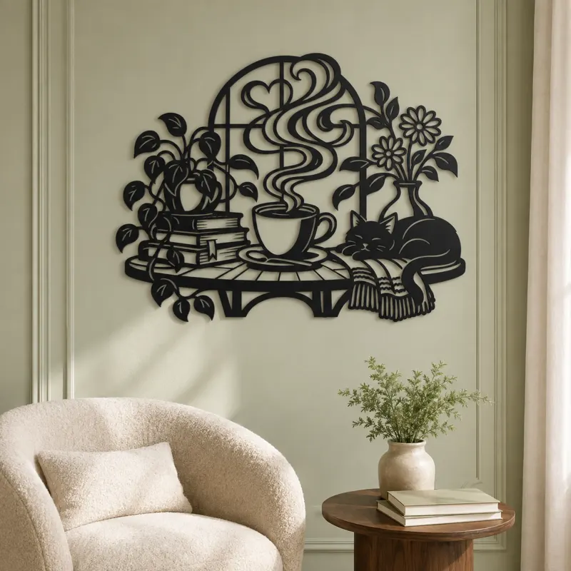 Coffee Cup Steam Flow Metal Wall Art | Cozy Home Metal Decor - lifestyle view 2