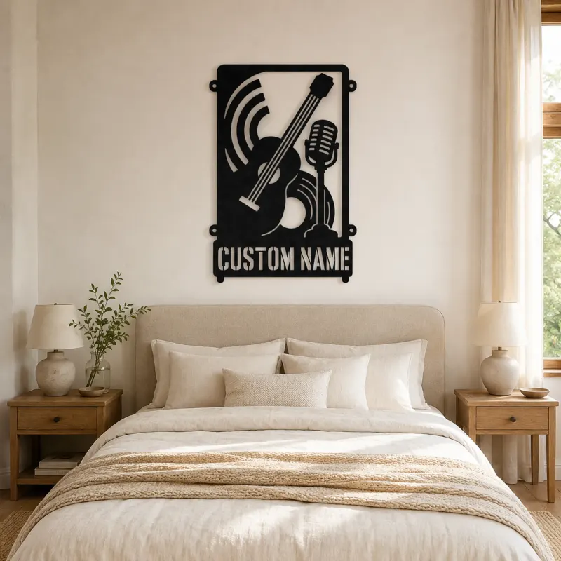 Personalized Double Bass Music Metal Wall Art with Vintage Microphone - lifestyle view 2