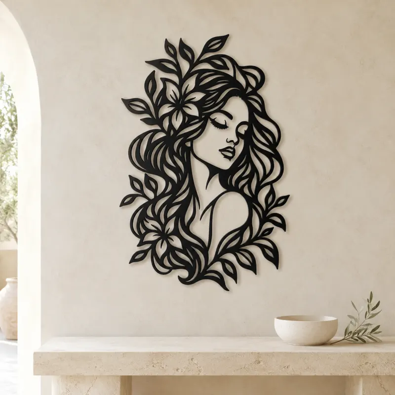 Botanical Hair Face Metal Wall Art | Minimalist Woman Line Art - lifestyle view 3