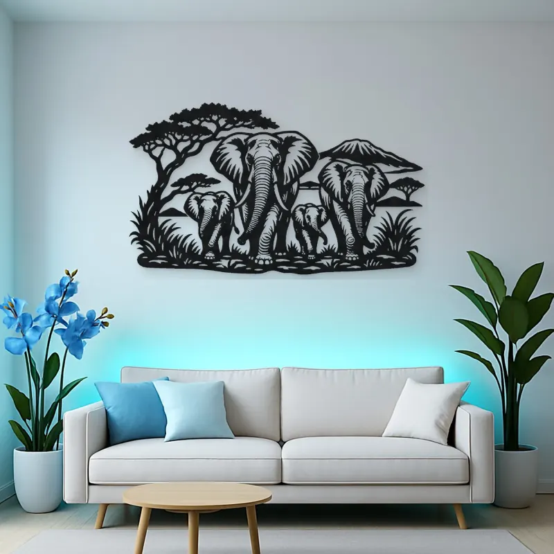 Elephant Family Walk Metal Wall Art | Wildlife Silhouette Decor