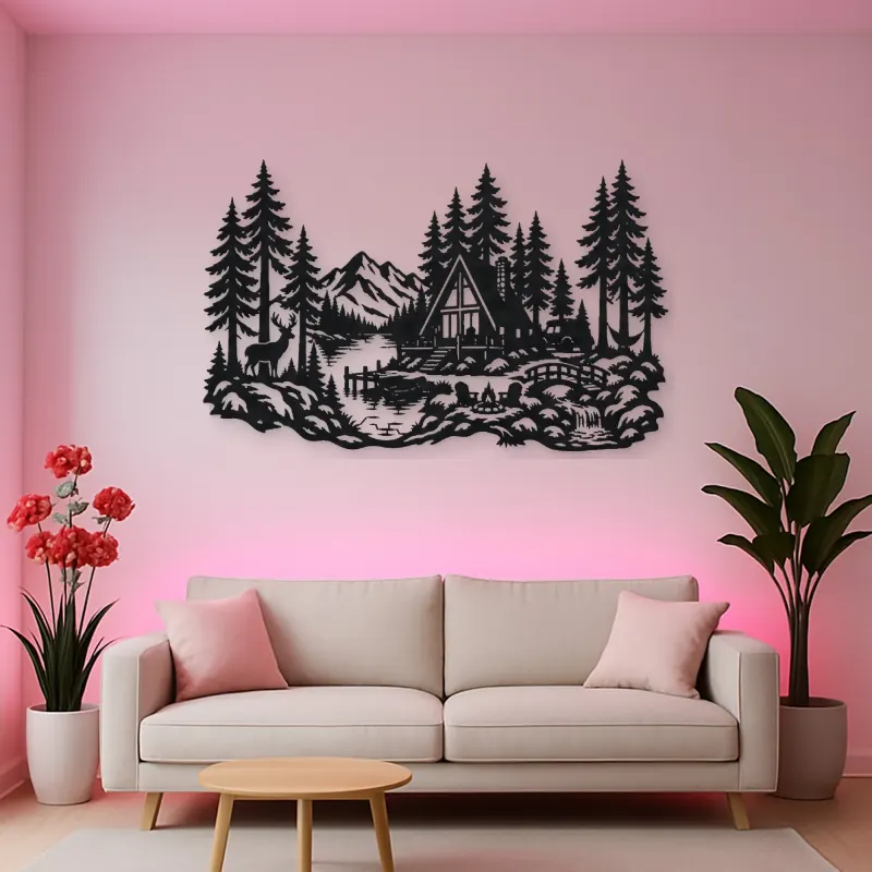 A-Frame Cabin Woods Metal Wall Art | Nature Silhouette Decor
