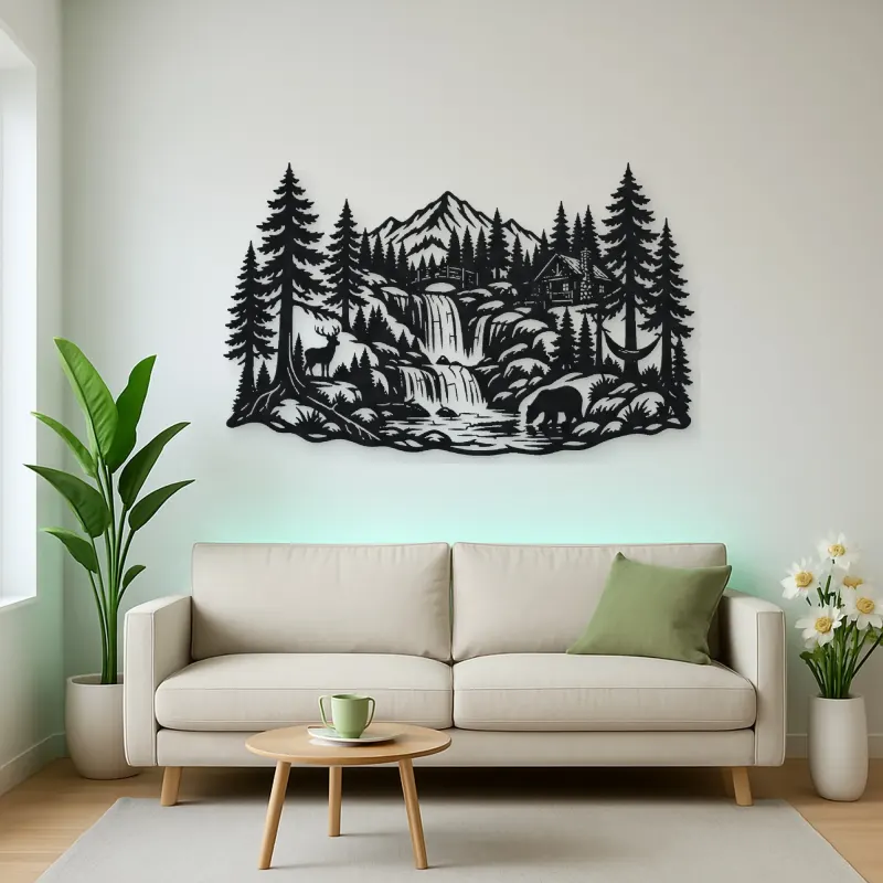 Forest Waterfall Metal Wall Art | Nature Silhouette Decor