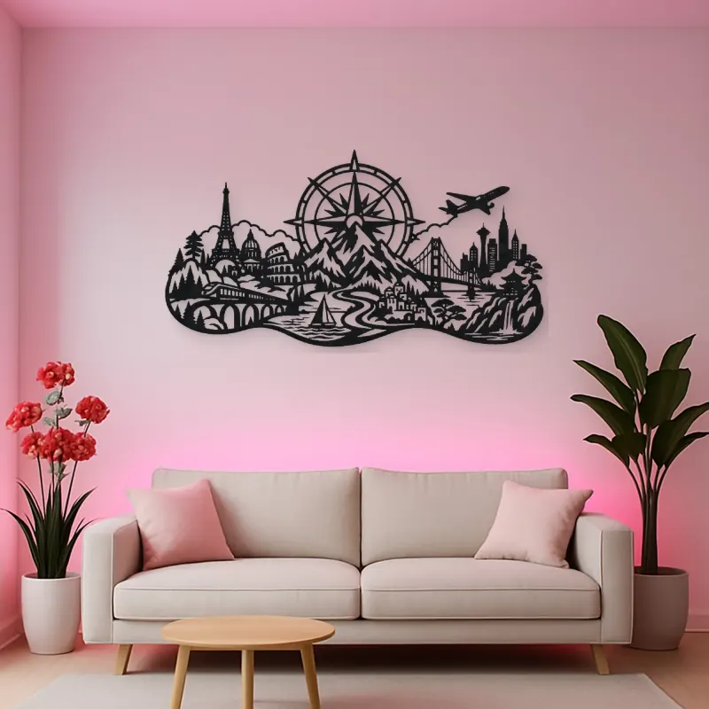 Compass Mountain Flow Metal Wall Art | Nature Silhouette Decor