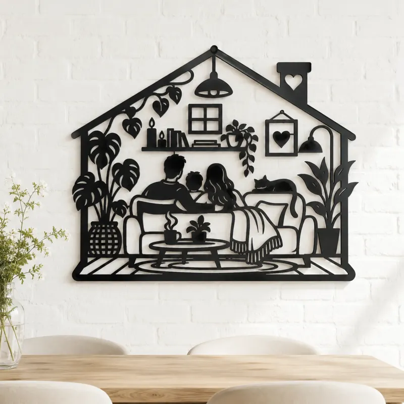 Minimal House Family Metal Wall Art | Family Silhouette Decor - lifestyle view 4