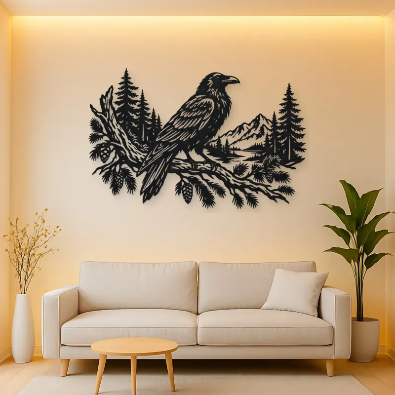 Raven Forest Branch Metal Wall Art | Wildlife Silhouette Decor