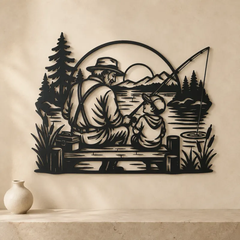 Grandfather Grandson Fishing Metal Wall Art | Family Silhouette Decor - lifestyle view 3