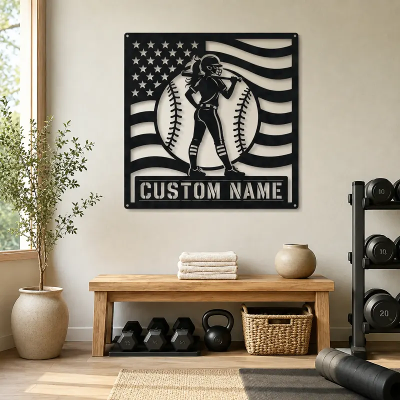 Personalized Female Softball Player Bat on Shoulder Metal Wall Art - lifestyle view 4