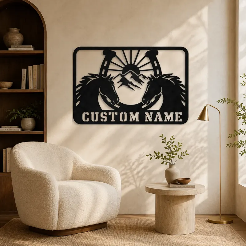 Personalized Horse Pair Metal Wall Art with Horseshoe - lifestyle view 5