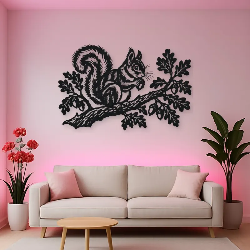 Squirrel Oak Branch Metal Wall Art | Wildlife Silhouette Decor