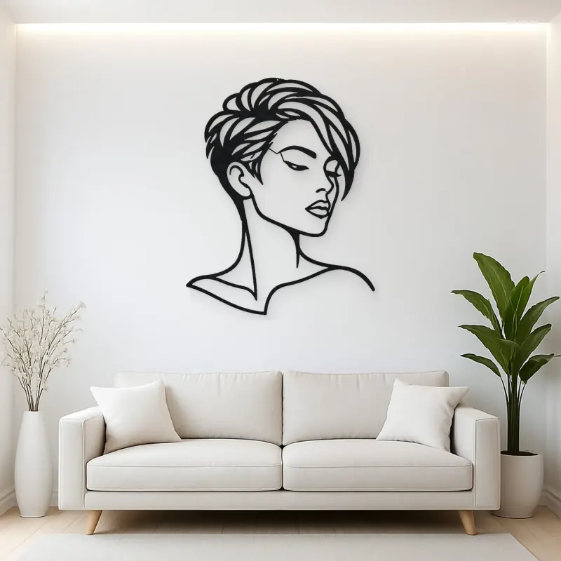 Short Hair Modern Face Metal Wall Art | Minimalist Woman Line Art