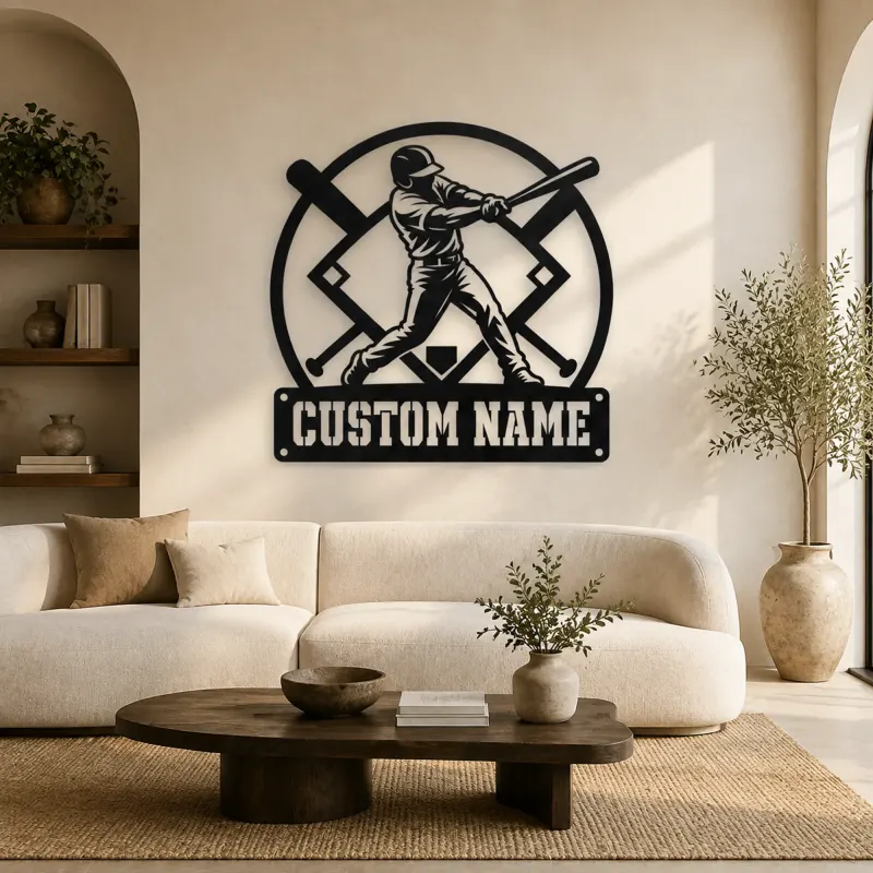 Personalized Baseball Batter Metal Wall Art with Crossed Bats - lifestyle view 5