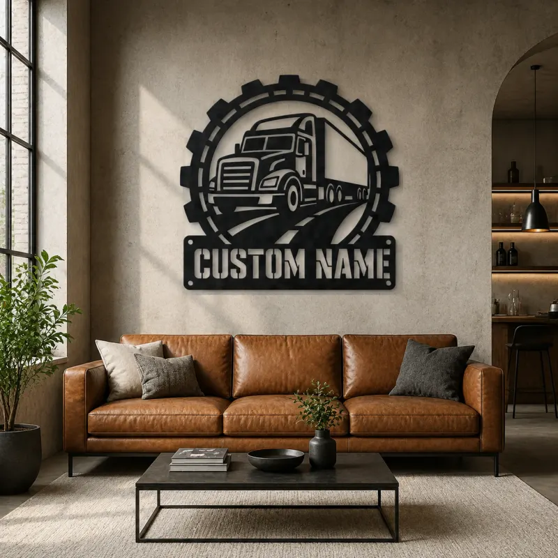 Personalized Semi Truck Metal Wall Art with Gear Frame - lifestyle view 2