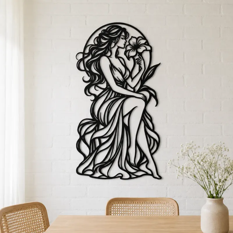 Muse with Flower Metal Wall Art | Minimalist Woman Line Art - lifestyle view 4