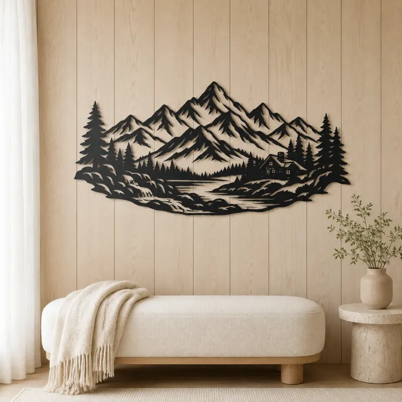 Cabin below the Peaks Metal Wall Art | Nature Silhouette Decor - lifestyle view 5