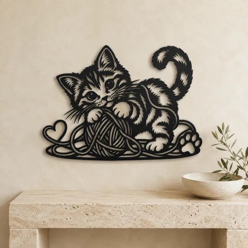 Playful Kitten Yarn Metal Wall Art | Pet Lover Silhouette Decor - lifestyle view 3