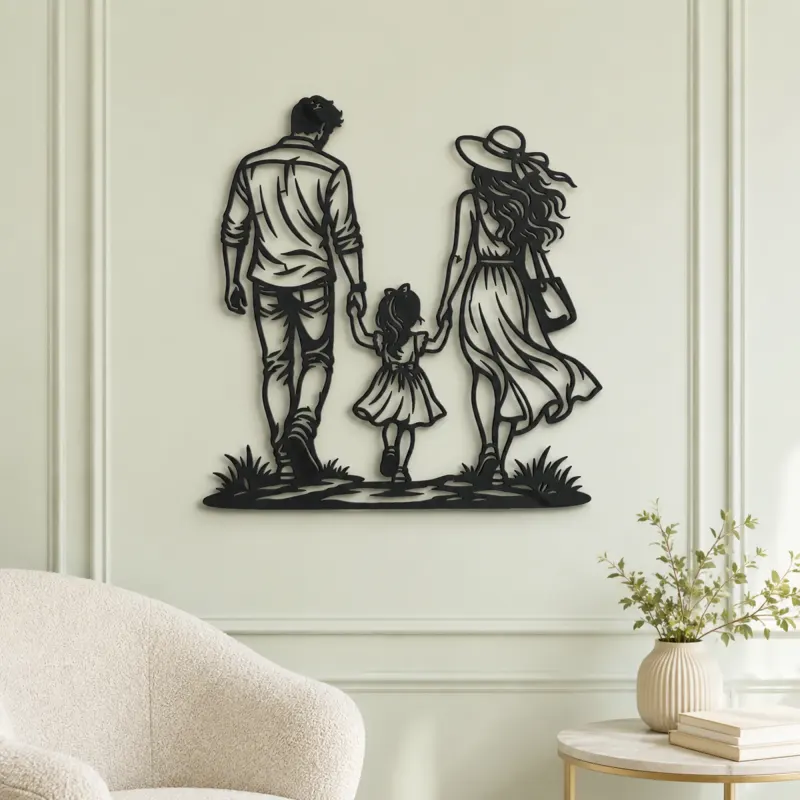 Family of Three Walk Metal Wall Art | Family Silhouette Decor - lifestyle view 2