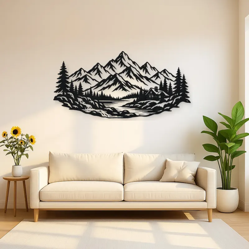 Cabin below the Peaks Metal Wall Art | Nature Silhouette Decor