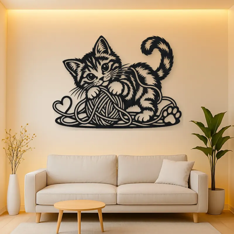 Playful Kitten Yarn Metal Wall Art | Pet Lover Silhouette Decor