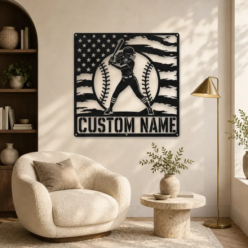 Personalized Female Softball Batter American Flag Metal Wall Art - lifestyle view 5