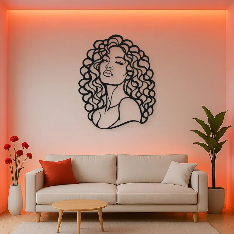 Curly Hair Portrait Metal Wall Art | Minimalist Woman Line Art