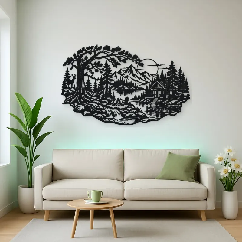 Forest Cabin Retreat Metal Wall Art | Nature Silhouette Decor
