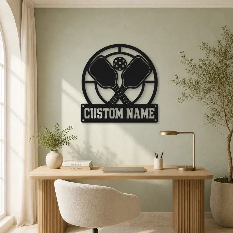 Personalized Pickleball Paddle Metal Wall Art with Court Lines - lifestyle view 4