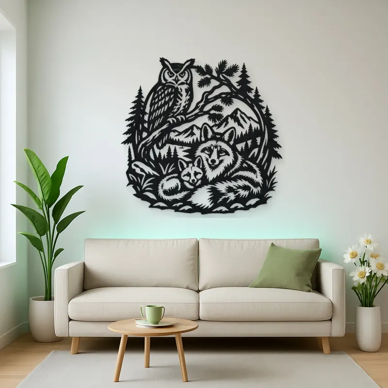 Owl and Fox Forest Metal Wall Art | Wildlife Silhouette Decor