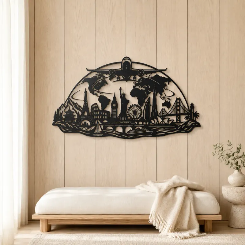 Airplane World Arc Metal Wall Art | Travel and City Wall Decor - lifestyle view 5