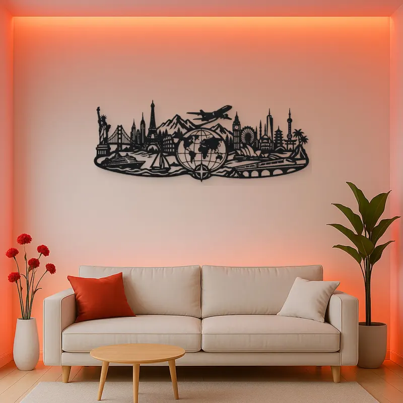 World Map Travel Line Metal Wall Art | Travel and City Wall Decor
