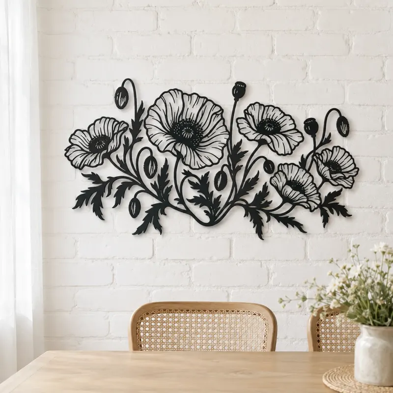 Poppy Field Line Metal Wall Art | Botanical Metal Wall Decor - lifestyle view 4