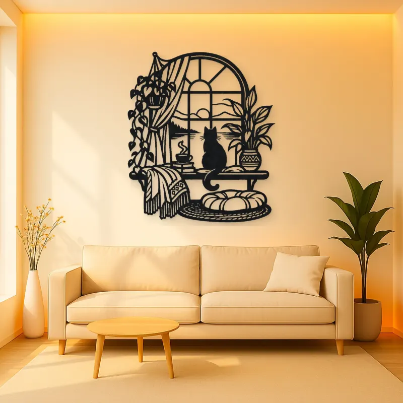 Cat on Windowsill Metal Wall Art | Pet Lover Silhouette Decor