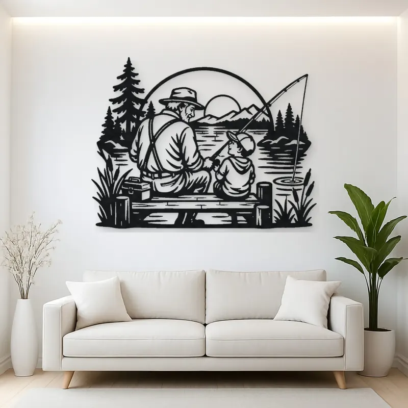 Grandfather Grandson Fishing Metal Wall Art | Family Silhouette Decor