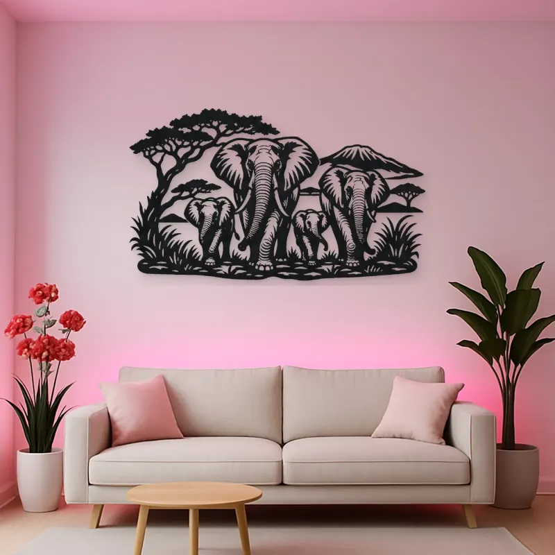 Elephant Family Walk Metal Wall Art | Wildlife Silhouette Decor