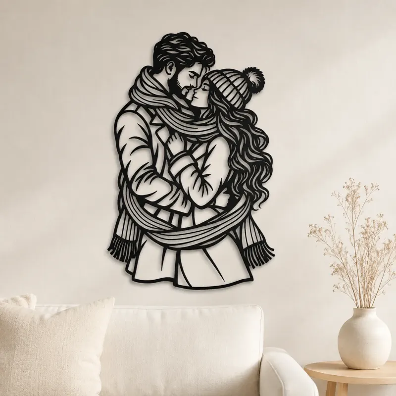 Arte mural de metal de pareja con bufanda de invierno | Decoración romántica de pareja