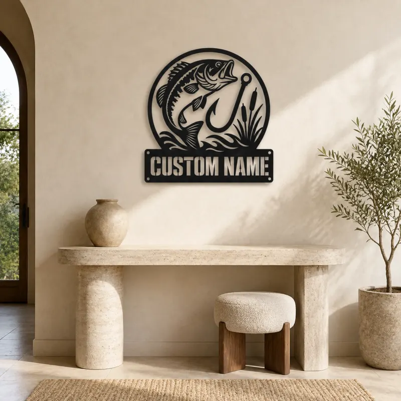 Personalized Largemouth Bass Fishing Metal Wall Art with Hook - lifestyle view 3