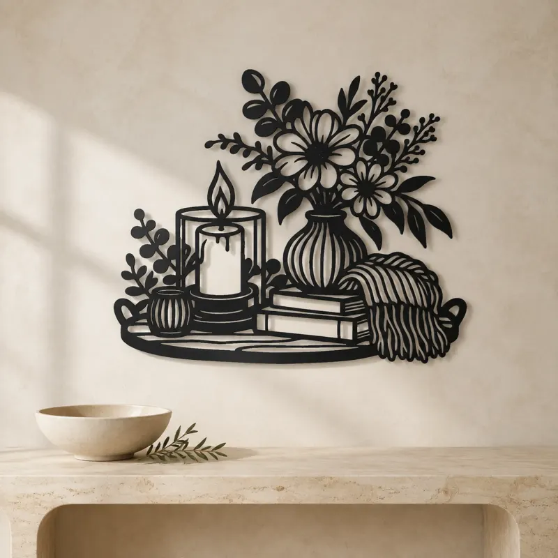 Candle and Flowers Metal Wall Art | Cozy Home Metal Decor - lifestyle view 3