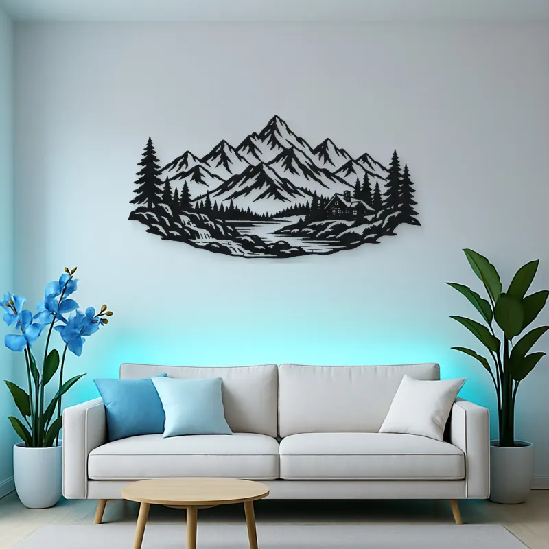 Cabin below the Peaks Metal Wall Art | Nature Silhouette Decor