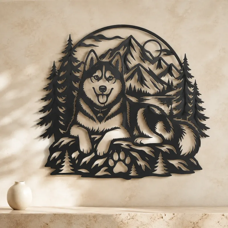 Husky Mountain Metal Wall Art | Pet Lover Silhouette Decor - lifestyle view 3