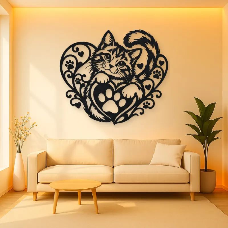 Cat Paw Heart Metal Wall Art | Pet Lover Silhouette Decor